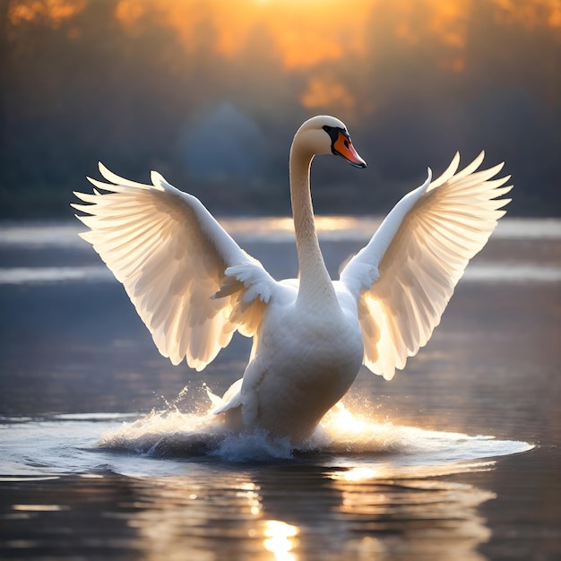 Sierlijke Dawn Swan zweeft over het water bij zonsopgang