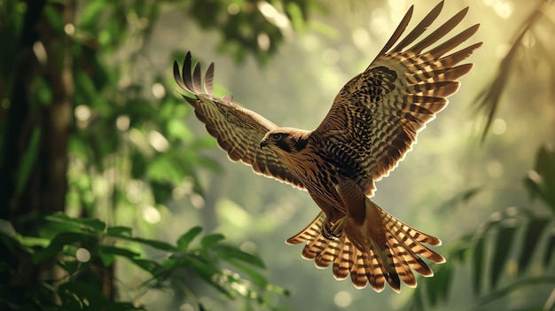 Sierlijke en majestueuze valk die hoog boven het bladerdak van de jungle zweeft