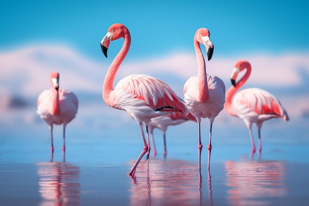 Sierlijke flamingo's die in Caribische wateren waden Tropische dieren in het wild Vogels Ai generatief