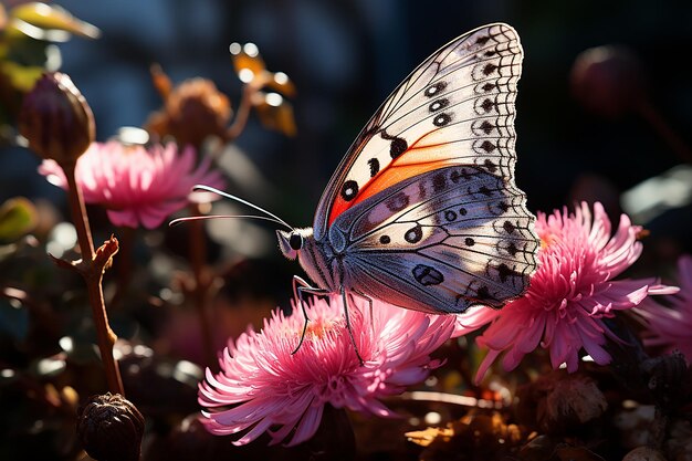 Sierlijke Flutter-vlinder zat op een delicate roze bloesem