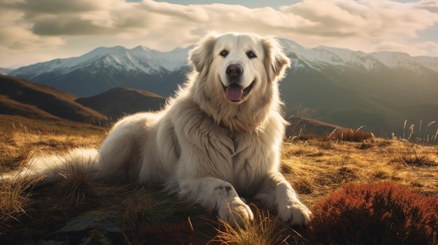 Sierlijke hond uit de Grote Pyreneeën gefotografeerd in een panoramisch landschap