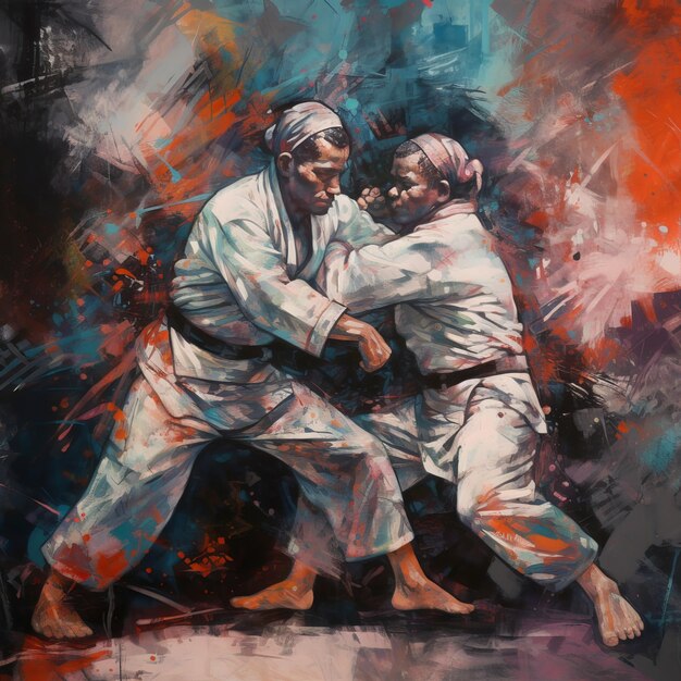 Sierlijke Jiu Jitsu-bewegingen in zachte aquarellen