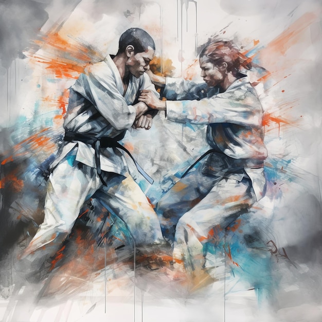 Sierlijke Jiu Jitsu-bewegingen in zachte aquarellen