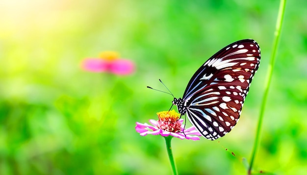 Sierlijke ontmoeting met monarchvlinder die op een bloemplant rust en het licht en de schoonheid van de natuur fascineert