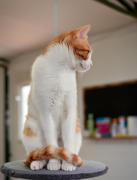 Sierlijke tweekleurige kat die zich voordeed op een kat t