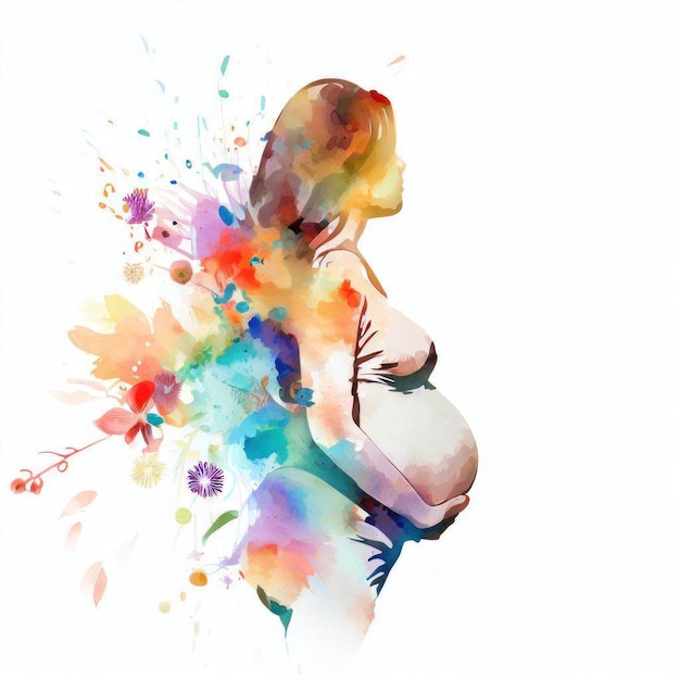 Sierlijke zwangere vrouw met bloemaccenten in aquarel gemaakt door Generative AI