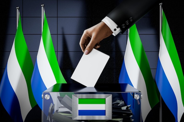 Sierra Leone flags hand dropping ballot card into a box voting election concept 3D illustration