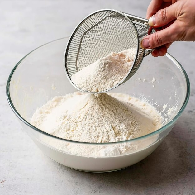 sifting flour through a sieve into a large glass bowl