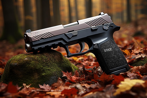 사진 sig sauer p320 총은 어두운 영화적 배경입니다.