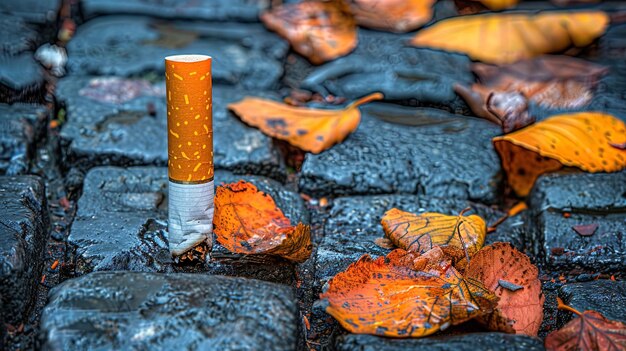 Sigaret op de stoep naast bladeren