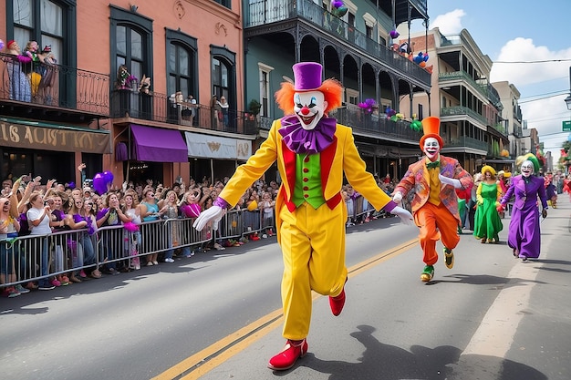 Foto la vista del clown terrificante che corre un joker nella celebrazione delle parate di mardi gras