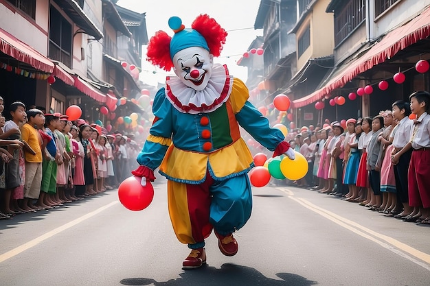 마디 그라 퍼레이드 축제에서 조커를 달리는 무서운 조롱거리의 모습