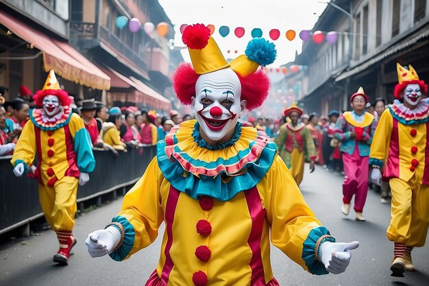 Вид ужасающего клоуна, управляющего Джокером на праздновании парада Марди Гра
