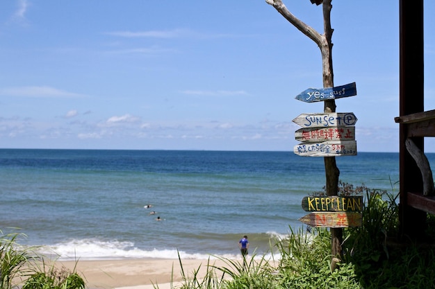 Photo sign at beach against blue sky