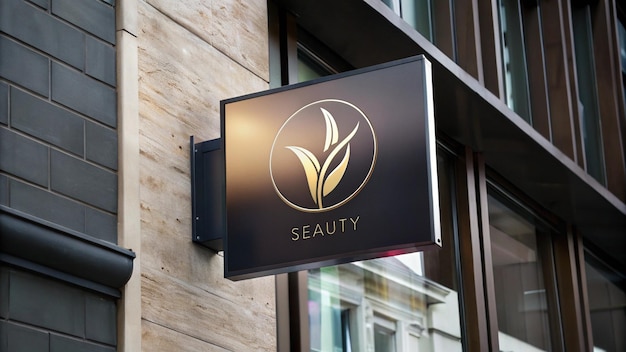 a sign for beauty is hanging from a building