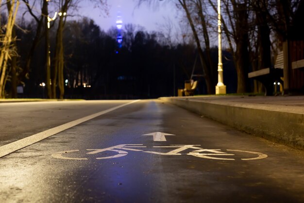 Sign bicycle path At night in the park