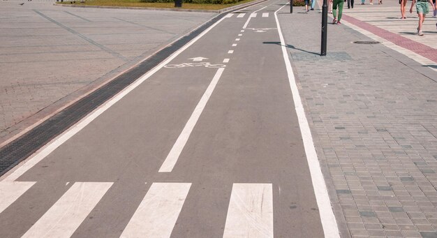 A sign of a bicycle path and pedestrian crossing on the asphalt in a city park closeup