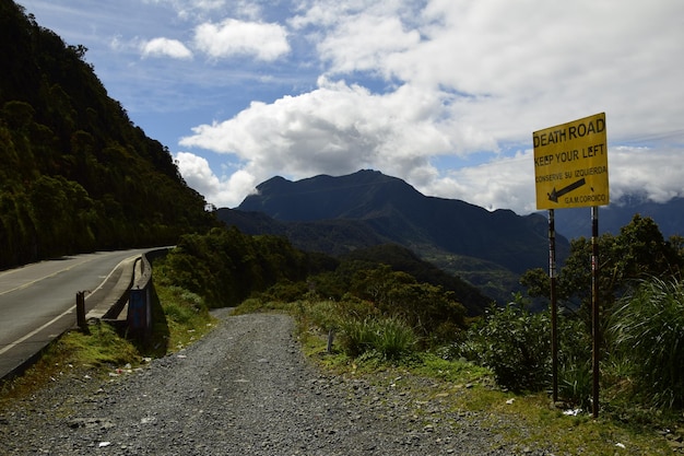 The sign for the exit to Death road Camino de la Muerte Yungas North Road between La Paz and Coroico Bolivia