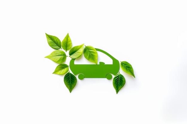 Sign of green electric car with green leaves on white background Concept of alternative eco energy