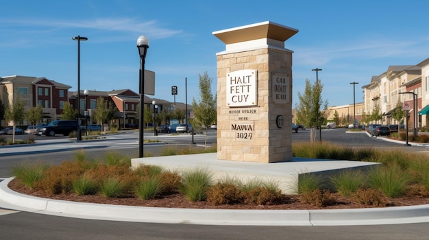 A sign for a haiti style building in a parking lot