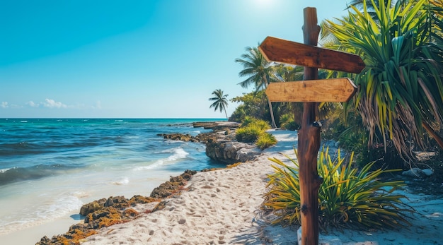 Sign pointing to the direction of vacation destination with scenic beach and ocean