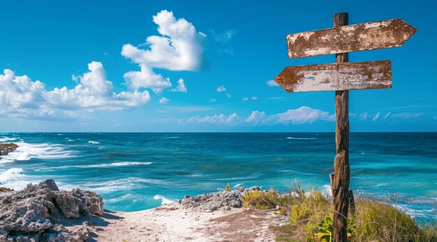 Sign pointing to the direction of vacation destination with scenic beach and ocean