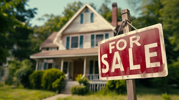 배경에 있는 주택 판매에 대한 서명 판매용 서명에 부동산 비문 구매 상업 제안 오래된 별장 판매