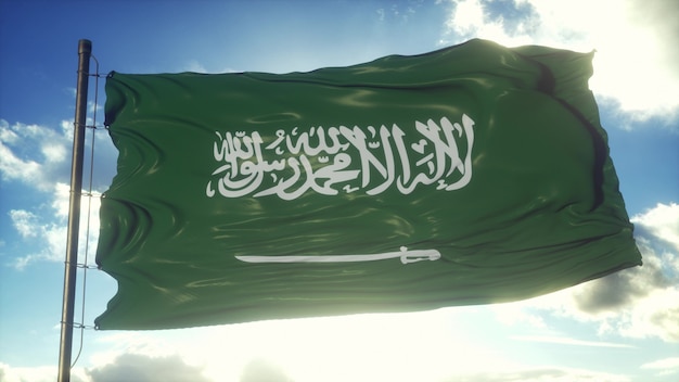 Sign of Saudi Arabia waving against a blue sky