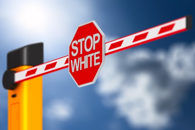 Sign stop white on sky.