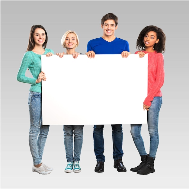 Photo sign student college student holding teenager blank group of people