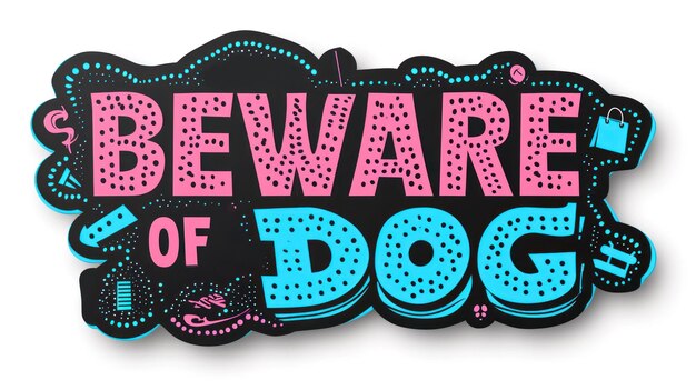 A sign that says beware of dog in pink and blue ai