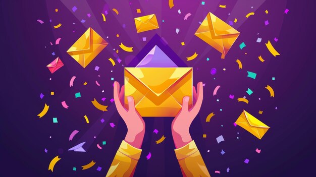 Photo sign up for our newsletter email news subscriptions blog update messages with human hands applauding confetti and envelope with sale icons modern illustration