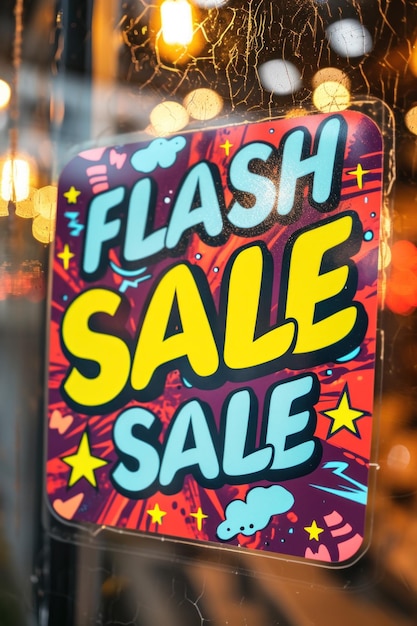 Un cartello su una finestra che dice flash sale ai