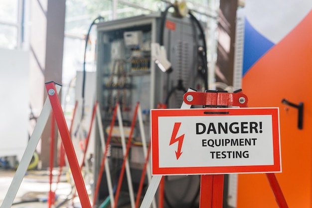 Danger Equipment testing against the blurred electrical facilitiesと書かれた標識が付いている