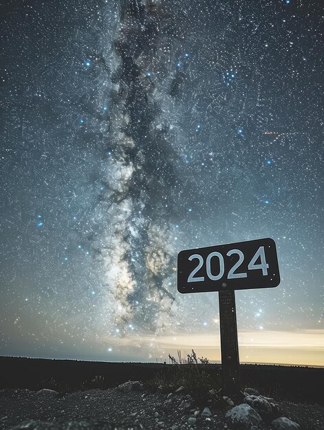 A sign with the number 2024 on it is standing in front of a large dark sky