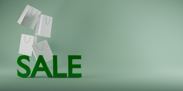 Sign with the word "SALE" in green and white paper bags behind it. 3d render