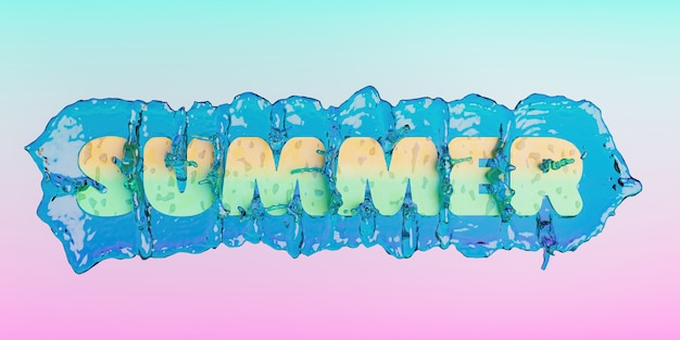 Photo sign with the word summer and water splash behind it with pastel color gradient background