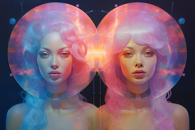 Foto segno dello zodiaco gemelli in colori olografici vibranti misticismo con un tocco di surrealismo segno astrologico gemelli su sfondo scuro oroscopo generativa ai