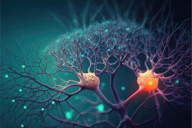 Signalen in neuronen in hersenen 3D illustratie van neuraal netwerk Donkere achtergrond Generatieve AI