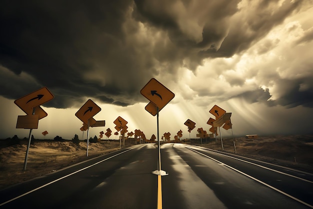 Signalen voor evacuatieroutes met stormwolken op de achtergrond