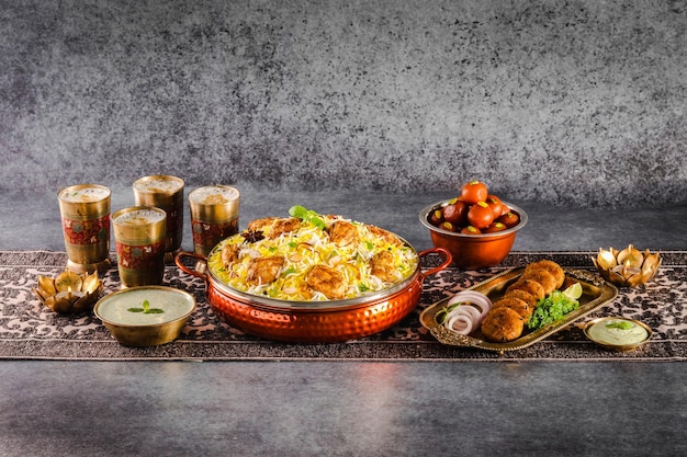 Signature classic combo indian spisy food paneer tikka biryani
with raita shami kabab drinks and gulab jamun served in a dish side
view ramadan family deal on grey background