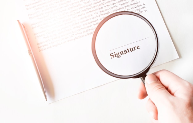 Signaure line in contract with pen and magnifying glass