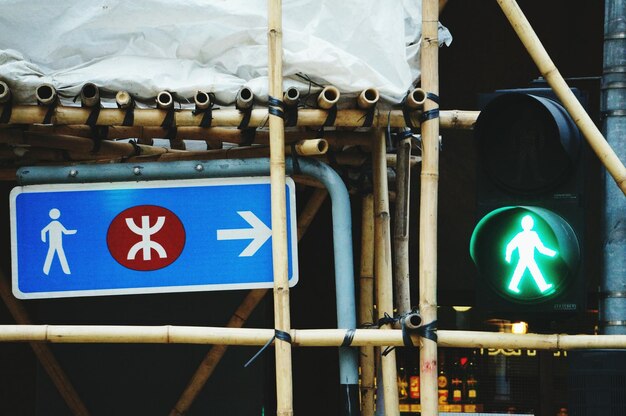 Signboard by illuminated stoplight by pedestrian signboard in city