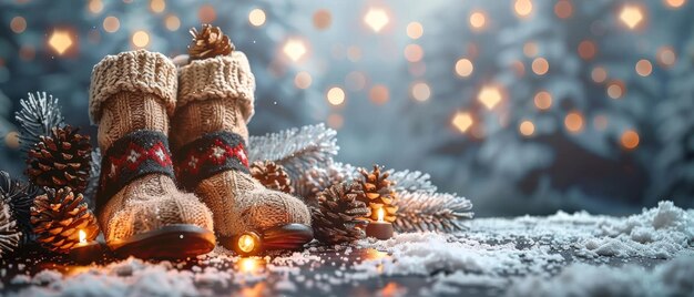 Photo the signboard features illumination glowing stars santa boots mittens spruce branches pine cones acorns and an inscription on chalkboard winter holidays concept