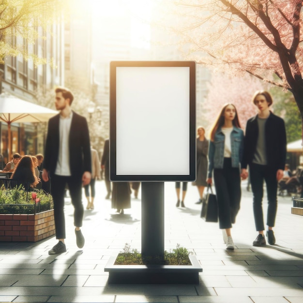 signboard mockup for offers or advertisement in public area with blured people walking spring background ai generative