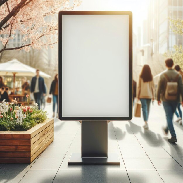 Photo signboard mockup for offers or advertisement in public area with blured people walking spring background ai generative