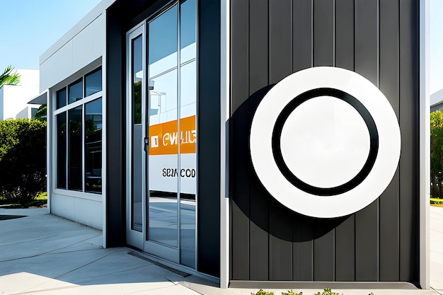 Photo signboard mockup template for your design empty white circle sign in front of building