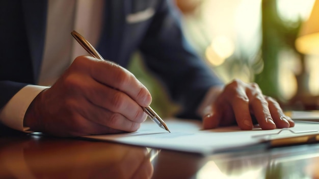 Foto firma di un contratto con una penna elegante da un uomo d'affari in un ufficio moderno