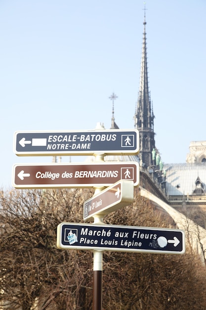 Signpost of landmarks near Notre Dame de Paris