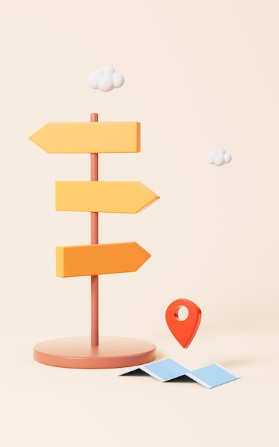 Signpost and map pin in the yellow background 3d rendering